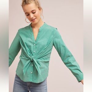 Anthropologie Maeve Striped Knotted Blouse Green Size 6 Womens